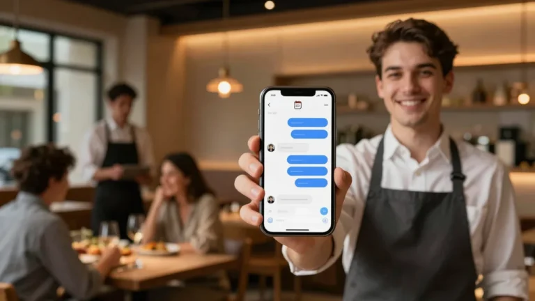 Restaurant waiter showing an AI chat agent conversation with a table reservation on a smartphone