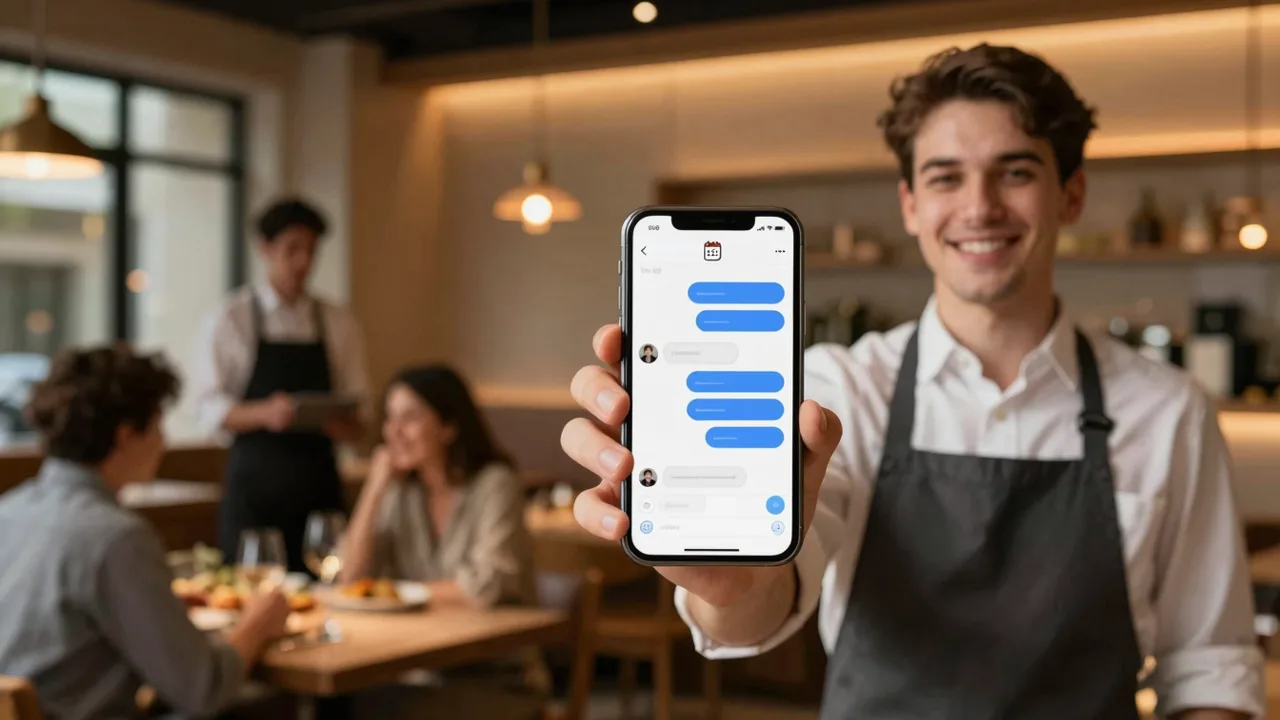 Restaurant waiter showing an AI chat agent conversation with a table reservation on a smartphone