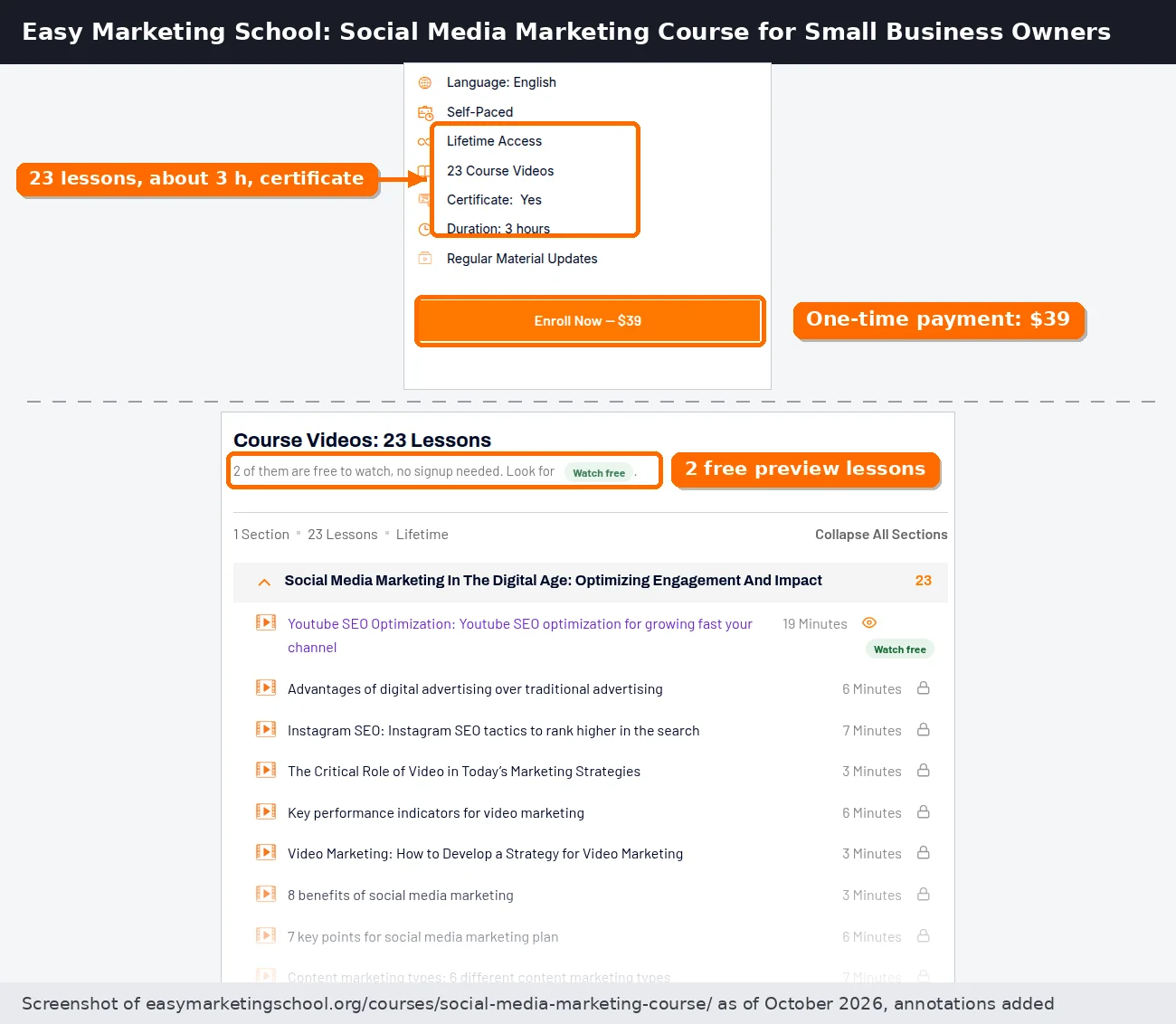 Easy Marketing School social media marketing course page showing 23 course videos, certificate, about 3 hours, the $39 enroll button and two free preview lessons