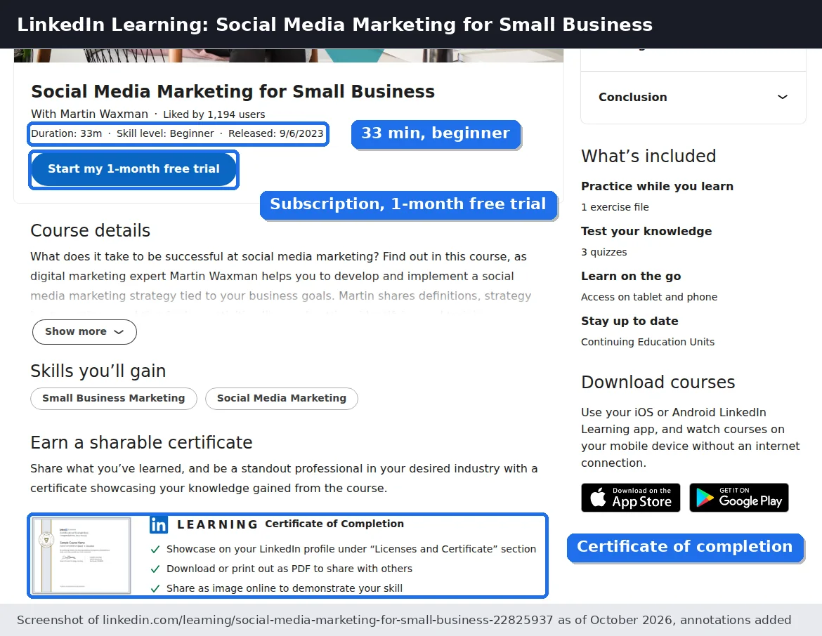 LinkedIn Learning course page for Social Media Marketing for Small Business showing duration 33m, a 1-month free trial button and a certificate of completion