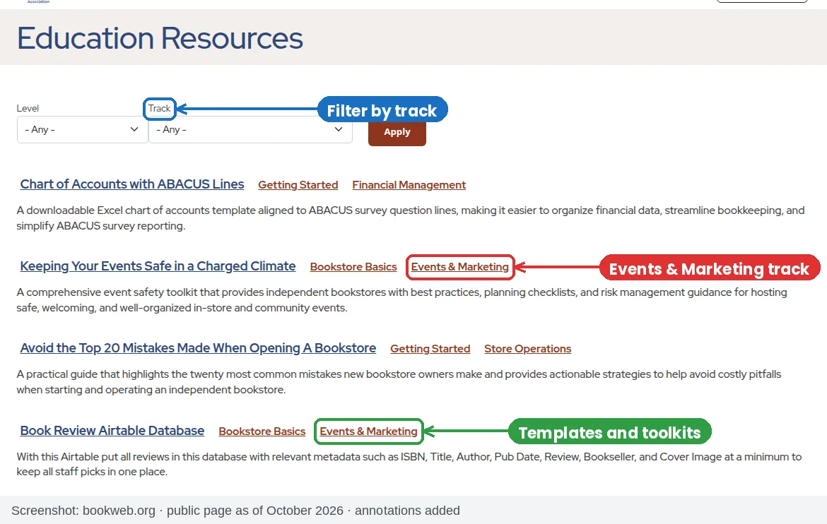 American Booksellers Association Education Resources page with a track filter and resources tagged Events and Marketing