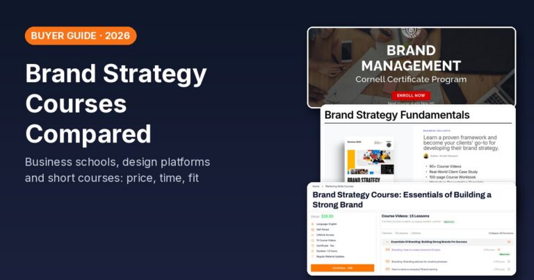 Brand strategy courses compared: screenshots of eCornell, The Futur and Easy Marketing School course pages