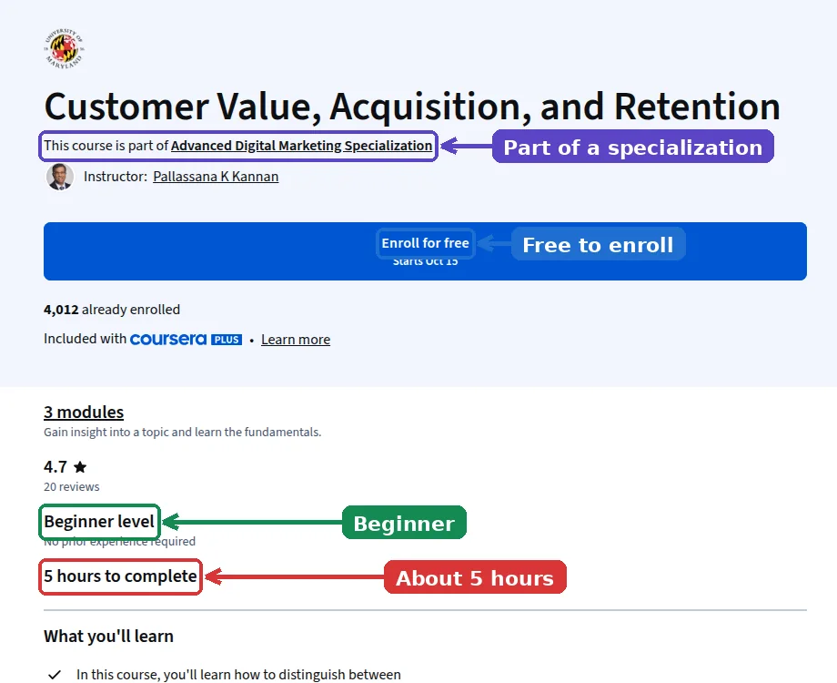 Coursera page for Customer Value, Acquisition, and Retention by the University of Maryland with Enroll for free, Beginner level, 5 hours to complete and the Advanced Digital Marketing Specialization highlighted