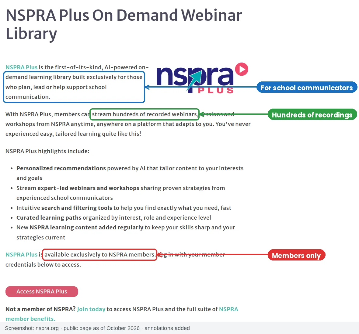 NSPRA Plus page describing an on-demand library for school communicators with hundreds of recorded webinars, available only to members
