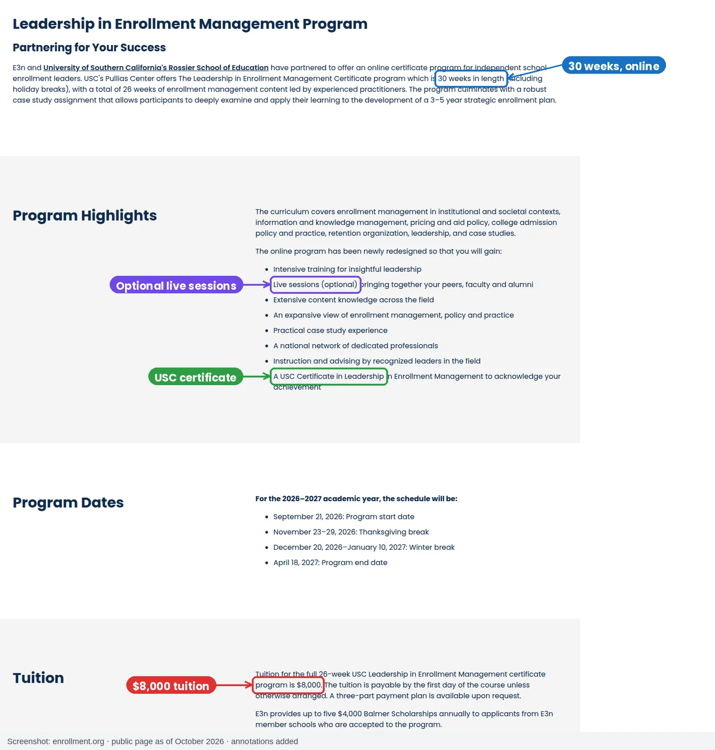 E3n page for the USC Leadership in Enrollment Management certificate showing 30 weeks, optional live sessions, a USC certificate and $8,000 tuition