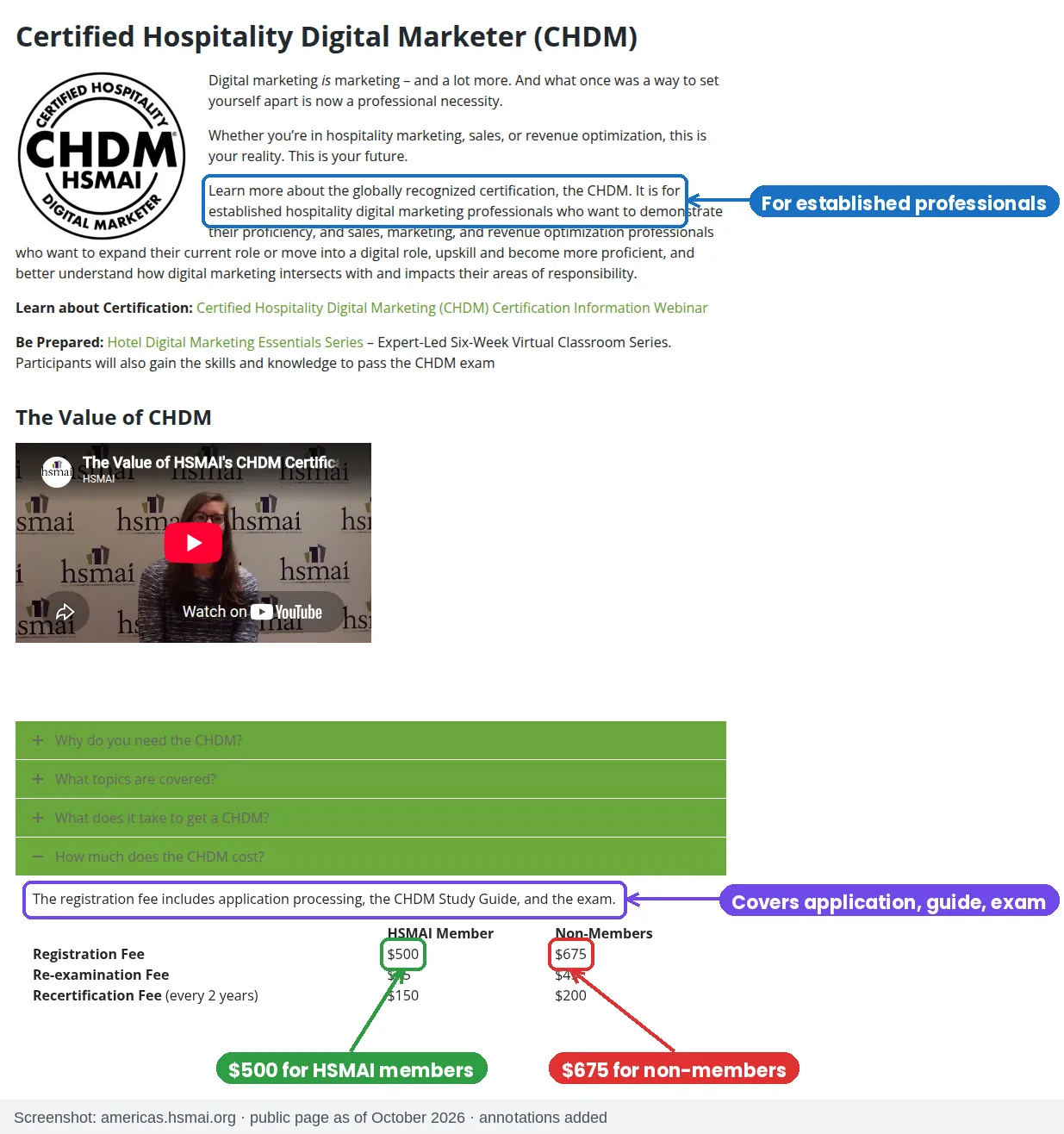 HSMAI CHDM certification page showing who it is for and registration fees of $500 for members and $675 for non-members