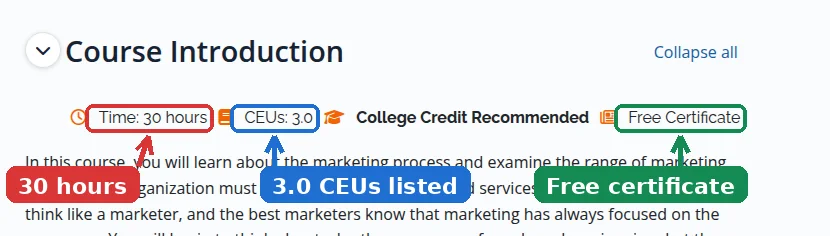 Saylor Academy BUS203 Principles of Marketing course introduction showing Time 30 hours, CEUs 3.0, College Credit Recommended and Free Certificate