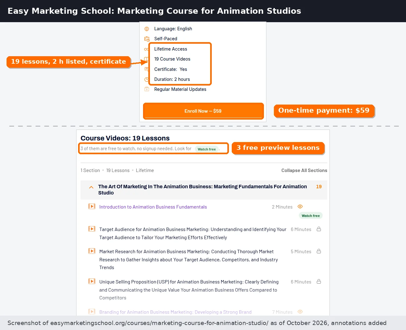 Easy Marketing School marketing course for animation studios page showing 19 course videos, certificate, 2 hours, the $59 enroll button and three free preview lessons