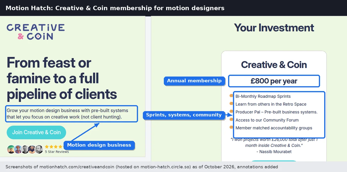 Motion Hatch Creative and Coin page showing the headline about a full pipeline of clients and the pricing card at 800 pounds per year with roadmap sprints and business systems