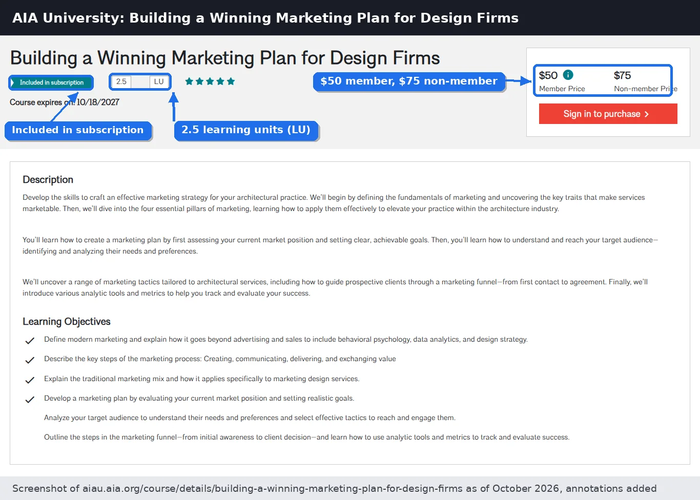 AIA University course page for Building a Winning Marketing Plan for Design Firms showing 2.5 LU, included in subscription, $50 member and $75 non-member prices