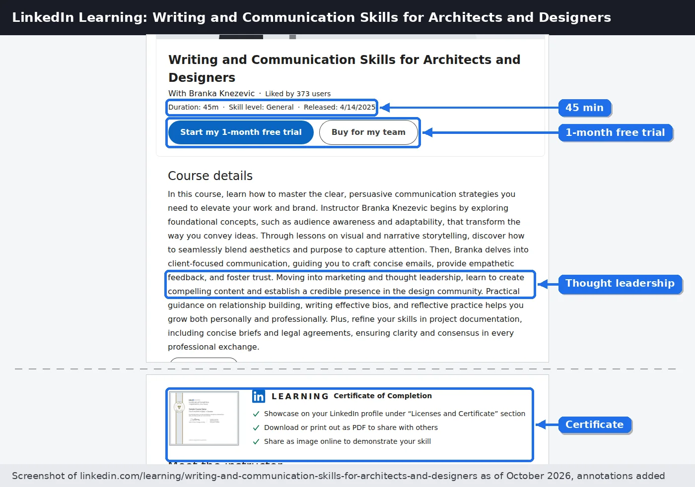 LinkedIn Learning course page for Writing and Communication Skills for Architects and Designers showing 45 minutes, a 1-month free trial and a certificate of completion
