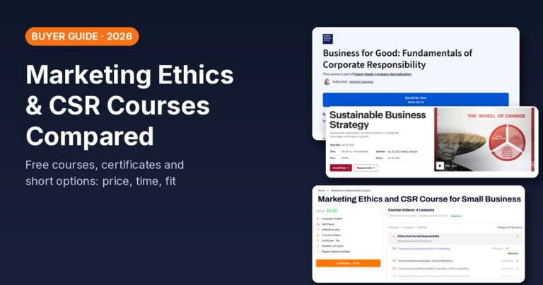 Marketing ethics and CSR courses compared: screenshots of London Business School, HBS Online and Easy Marketing School course pages