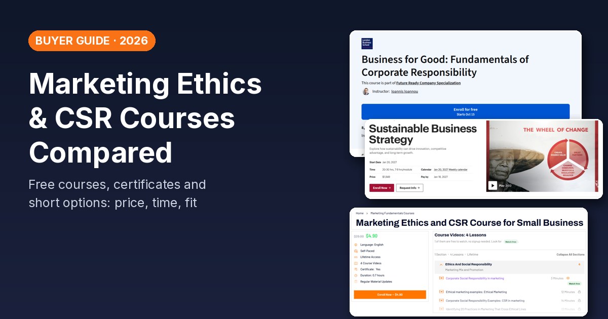 Marketing ethics and CSR courses compared: screenshots of London Business School, HBS Online and Easy Marketing School course pages