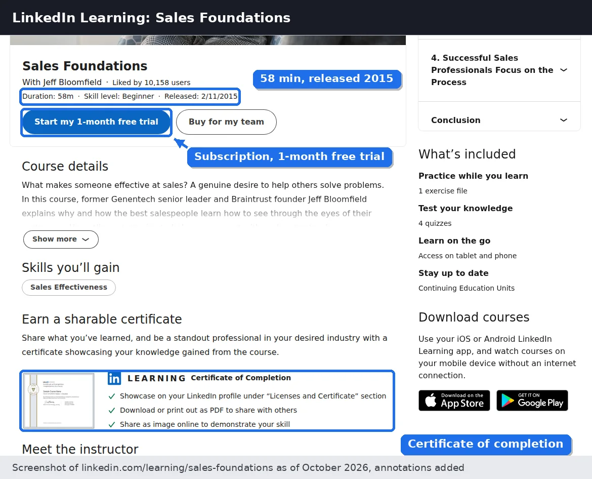 LinkedIn Learning Sales Foundations course page showing duration 58m, released 2/11/2015, a 1-month free trial button and a certificate of completion