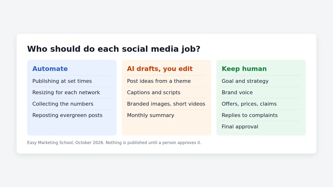 Two-column chart: tasks to automate with social media automation tools versus tasks to keep human, with AI-assisted tasks in between