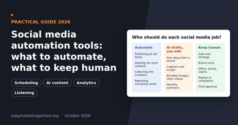Social media automation tools: what to automate with AI and what to keep human, shown as a two-column checklist