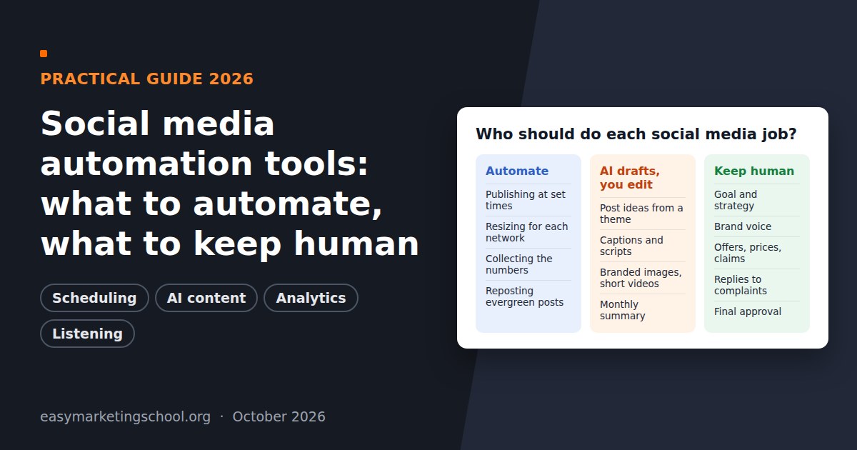 Social media automation tools: what to automate with AI and what to keep human, shown as a two-column checklist