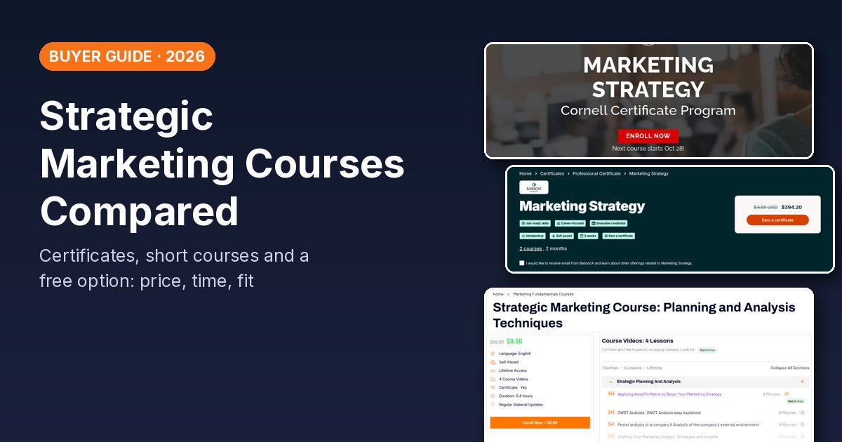 Strategic marketing courses compared: screenshots of eCornell, BabsonX on edX and Easy Marketing School course pages